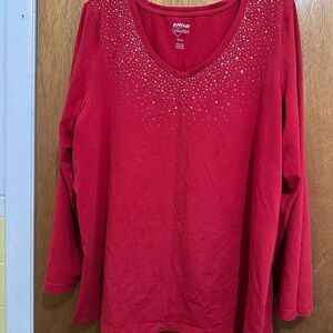 Avenue Red Long Sleeve Top with Rhinestones
